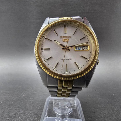 Seiko 5 Automatic President Watch Men 36mm Silver Dial Two Tone Daydate VTG Runs6