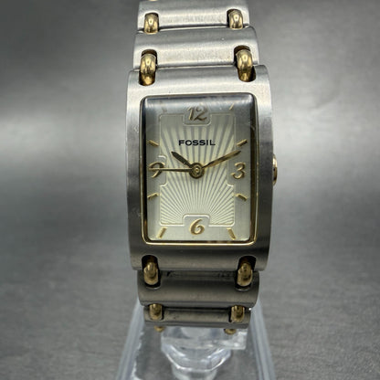 Fossil Tank Watch Women 18mm Champagne Dial Two Tone Rectangle ES-1417 New Batt0