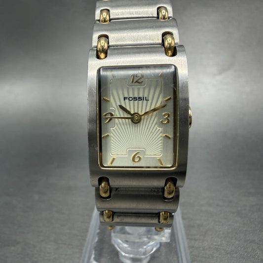Fossil Tank Watch Women 18mm Champagne Dial Two Tone Rectangle ES-1417 New Batt0