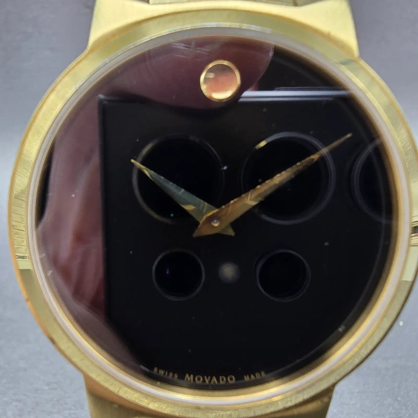 Movado Temo Watch Men 38mm Black Dial Gold Tone READ!!! 59.1.19.1319 New Battery1