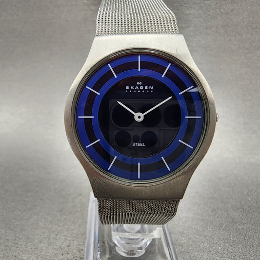 Skagen Watch Men 34mm Blue Dial Steel Date Round Mesh A233LSSN New Battery