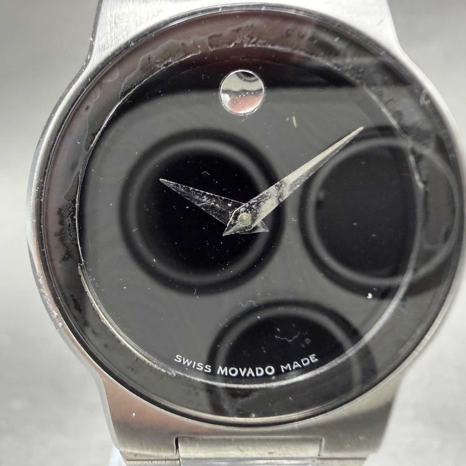 Movado Safiro Watch Women 26mm Black Dial Steel Round 0605806 New Battery ABCD1