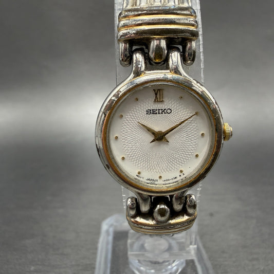 Seiko Watch Women 21mm White Dial Two Tone Round V400-1229 New Battery Vintage0
