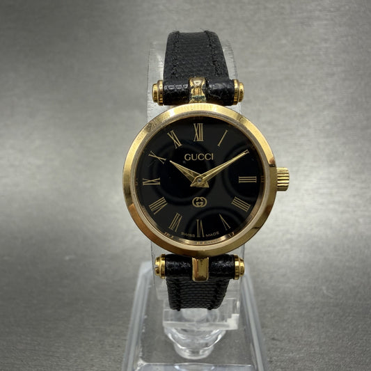 Gucci 2000L Watch Women 22mm Black Dial Gold Plated Round New Battery VTG LMNY0