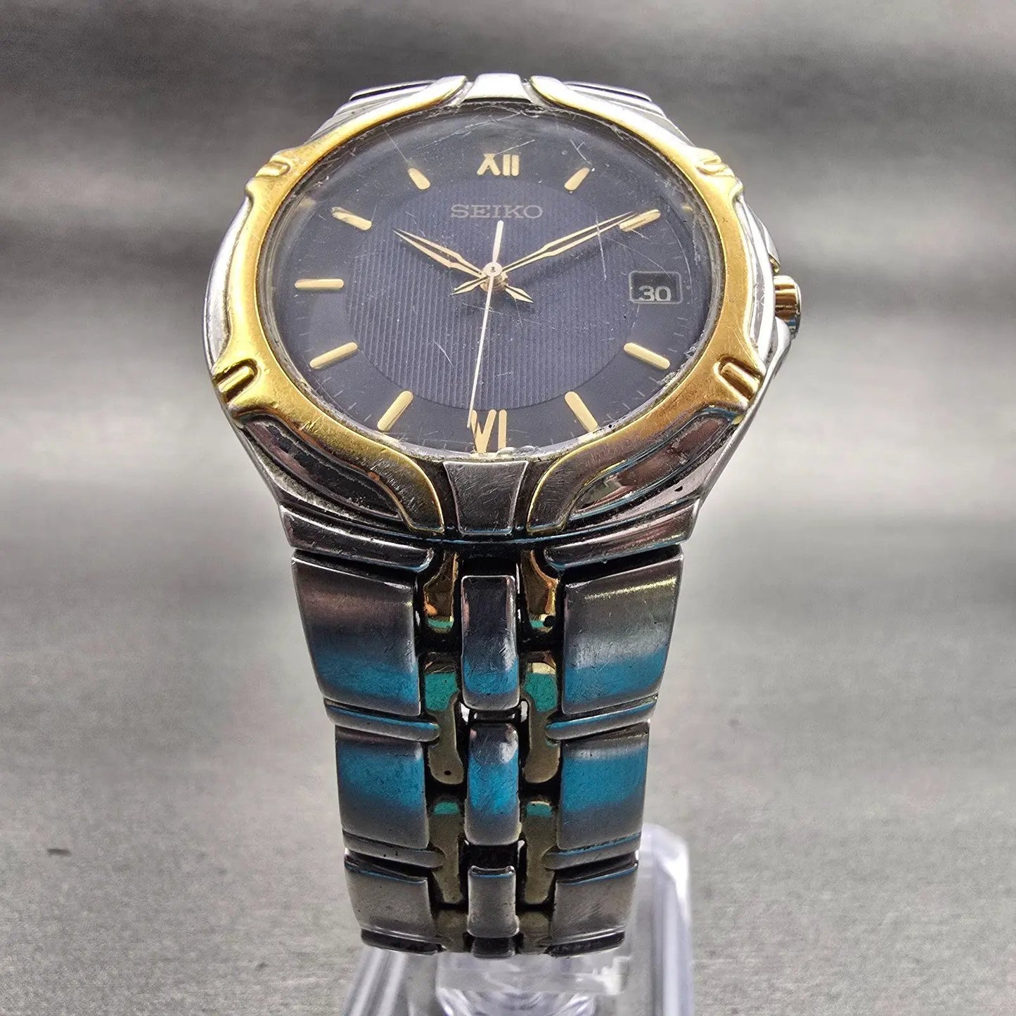 Seiko Watch Men 36mm Blue Dial Two Tone Date Round 7N42-6C10 New Battery Vintage5