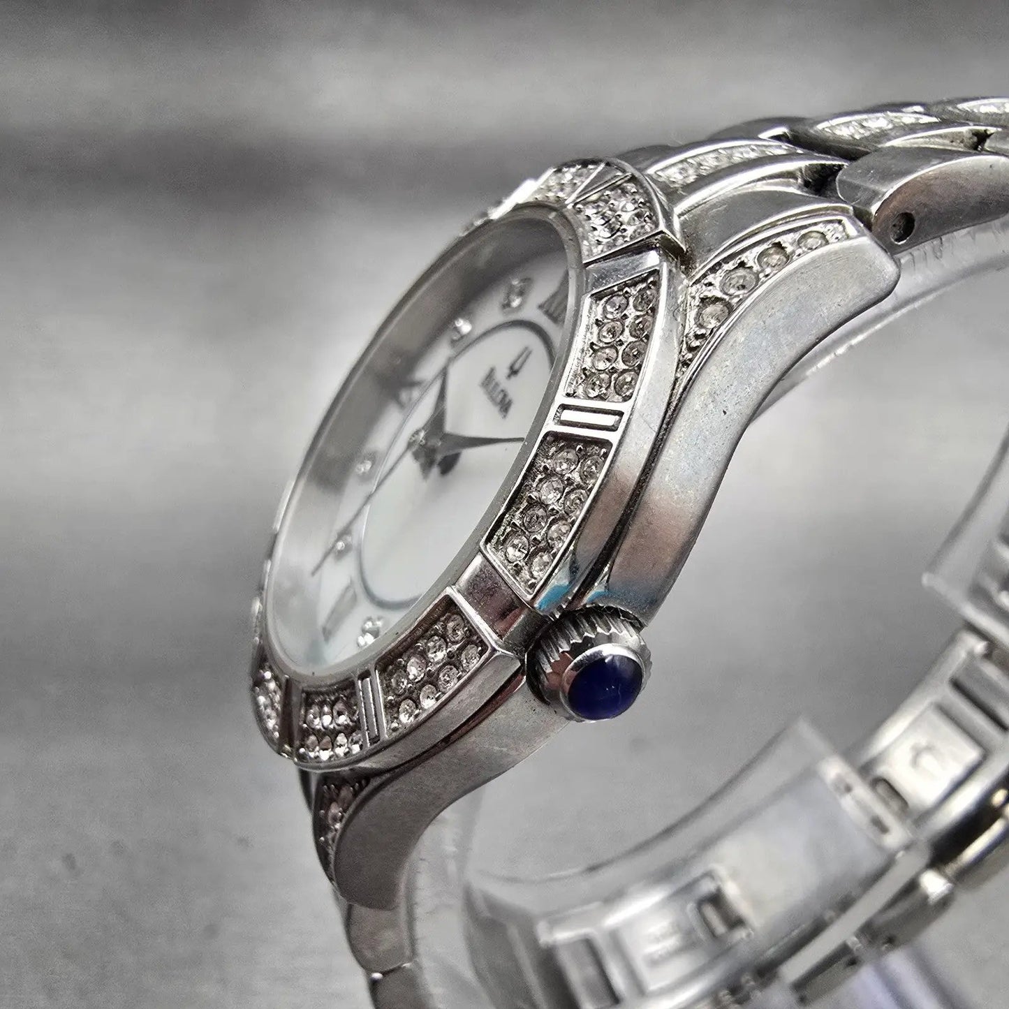 Bulova Watch Women 30mm MOP Dial Silver Tone Gemmed Round 96L116 New Battery F2