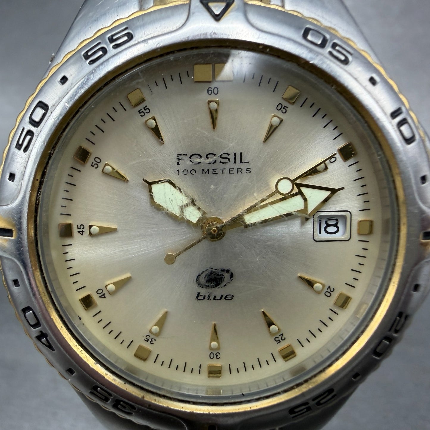 Fossil Dive Watch Men 40mm Champagne Dial Two Tone Date Round AM-3639 New Batt1