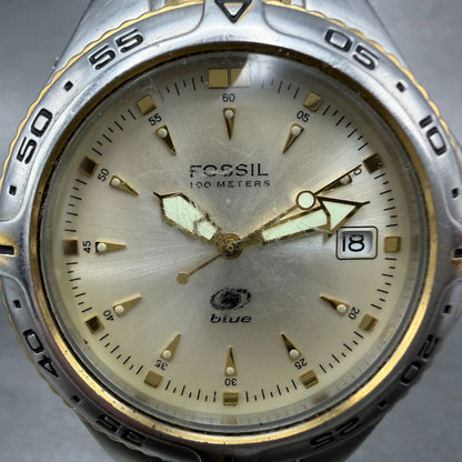 Fossil Dive Watch Men 40mm Champagne Dial Two Tone Date Round AM-3639 New Batt1