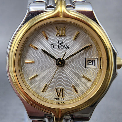 Bulova Watch Women 24mm White Dial two Tone Date Round 98M02 New Battery1