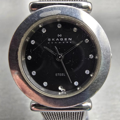 Skagen Watch Women 25mm Black Dial Silver Tone Round 107SSSBD New Battery1