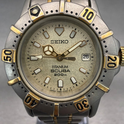 Seiko Scuba Dive Watch Women 29mm Champagne Dial Two Tone Date Round 7N85-01101