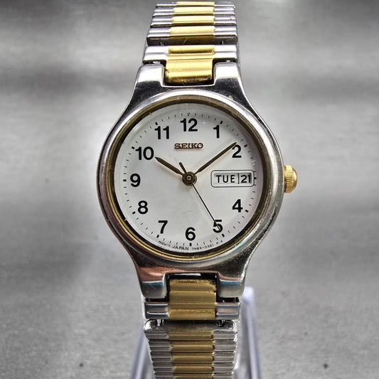 Seiko Watch Women 24mm White Dial Two Tone Daydate Round 7N83-0131 New Battery0