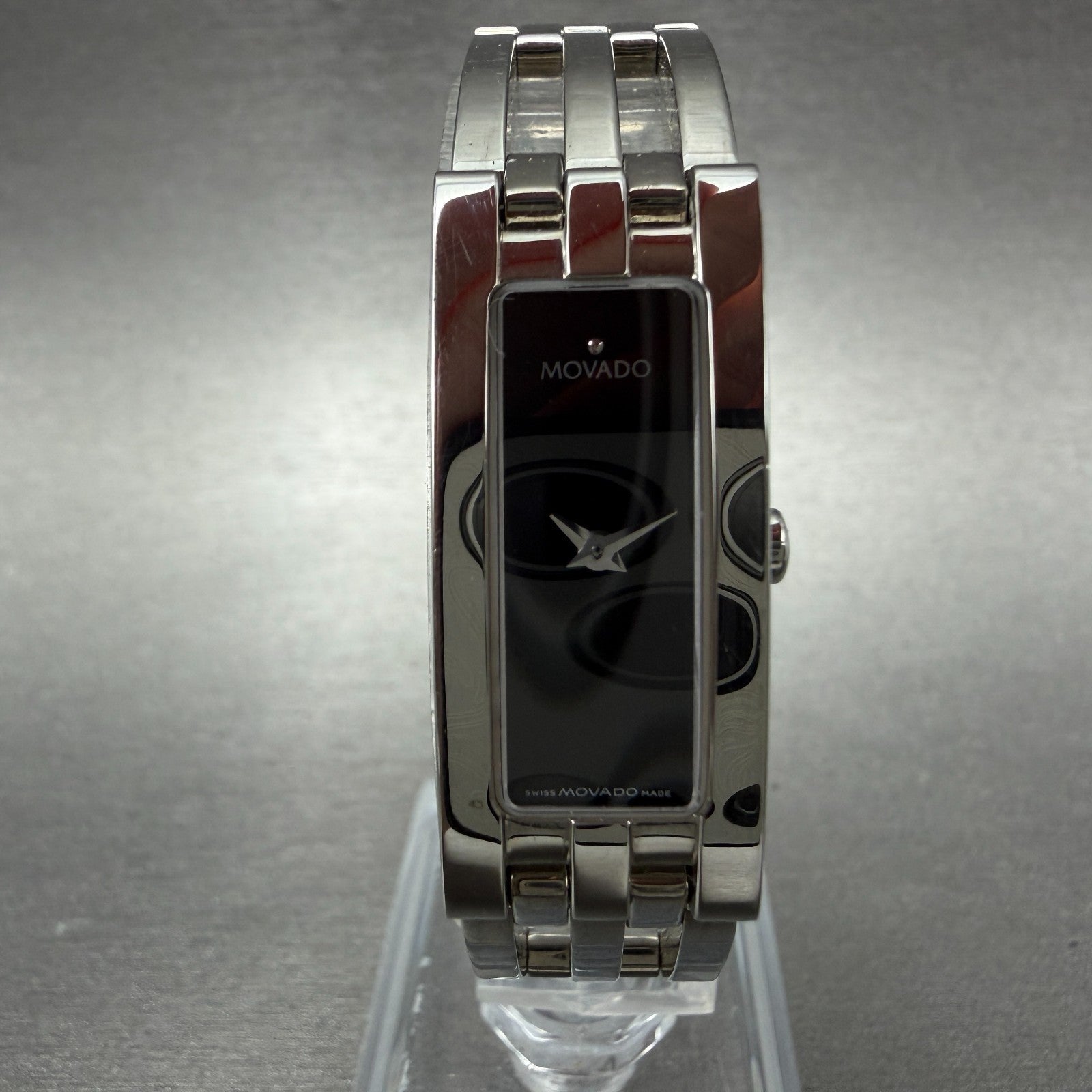 Movado Esperanza Tank Watch Women 14mm Black Dial Steel Rectangle W/Box New Batt1
