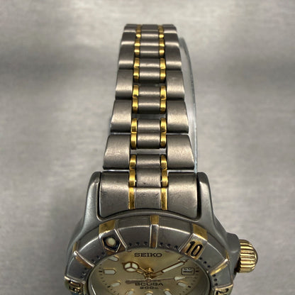 Seiko Scuba Dive Watch Women 29mm Champagne Dial Two Tone Date Round 7N85-01104