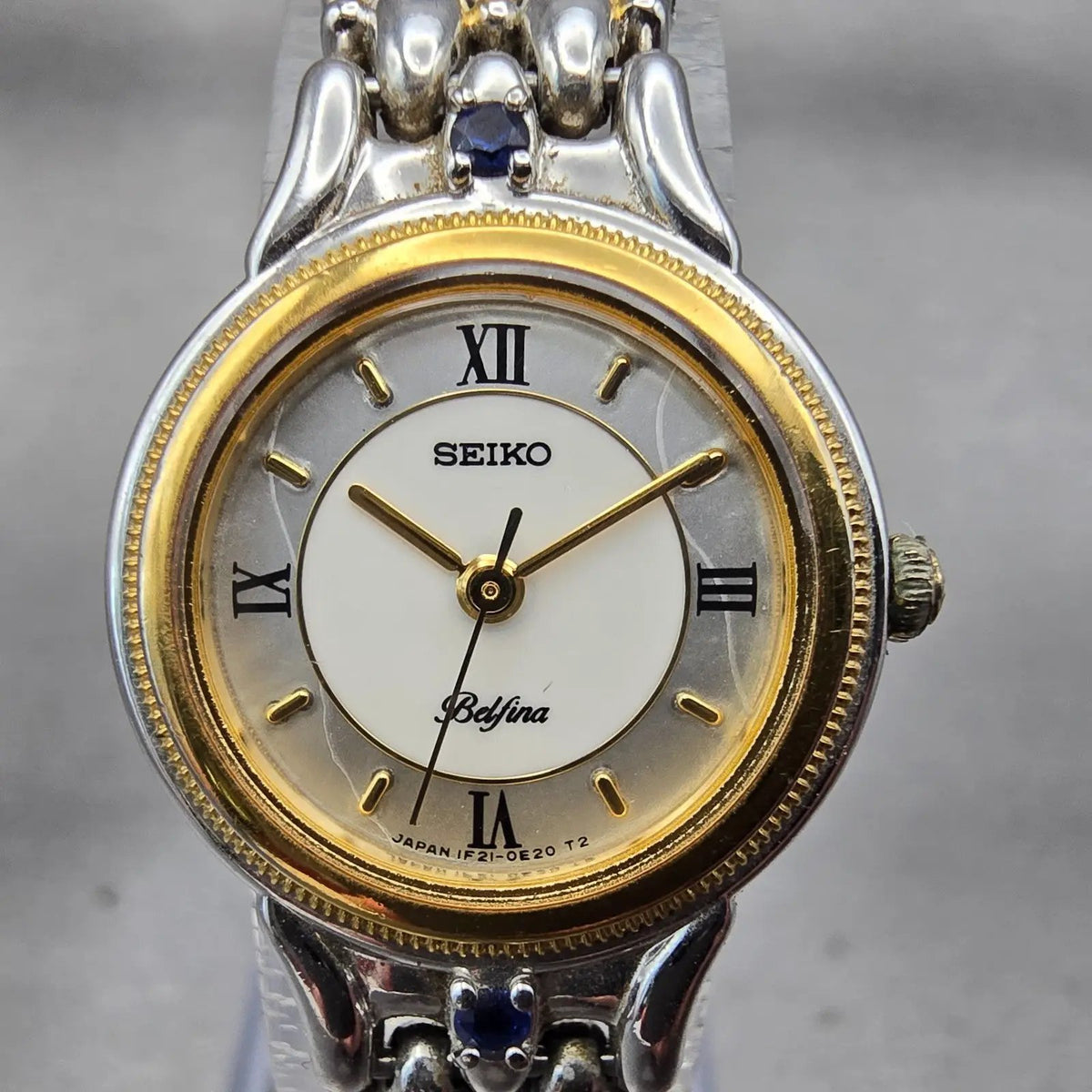 Seiko Belfina Watch Women 21mm MOP Dial Two Tone Gemmed Round 1F21-0C70 New Batt1