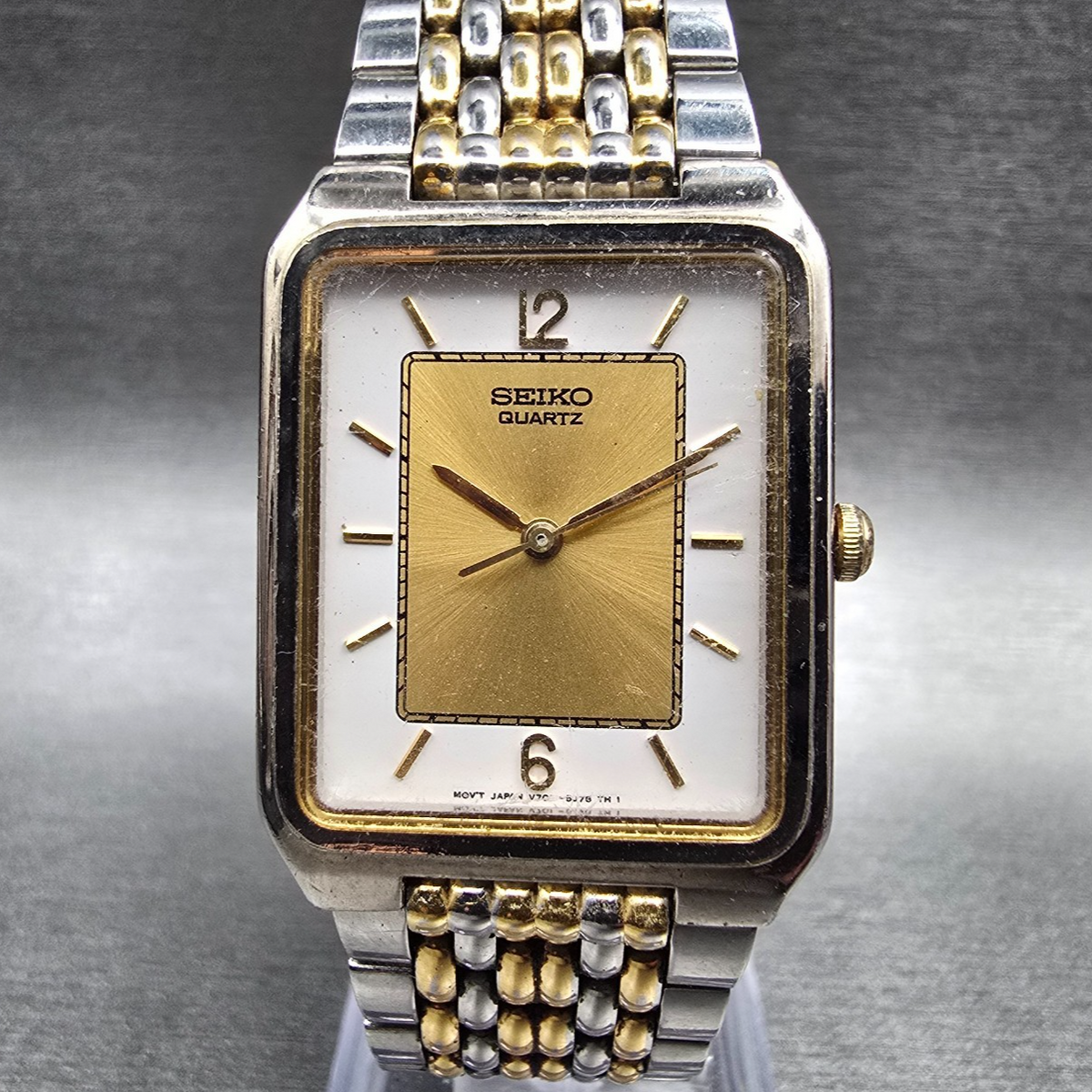 Seiko Tank Watch Men 26mm Gold Dial Two Tone Rectangle V701-5K99 New Battery VTG0
