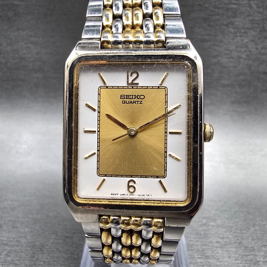 Seiko Tank Watch Men 26mm Gold Dial Two Tone Rectangle V701-5K99 New Battery VTG0