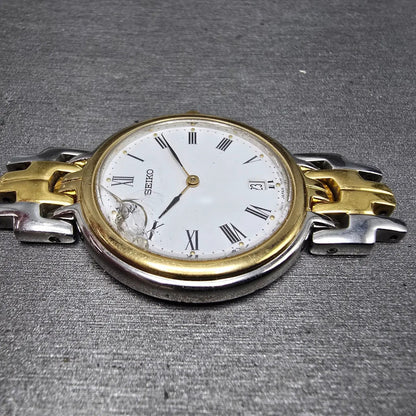 Seiko Watch Men 34mm White Dial Two Tone Date Round READ!! 7N39-7029 New Battery5