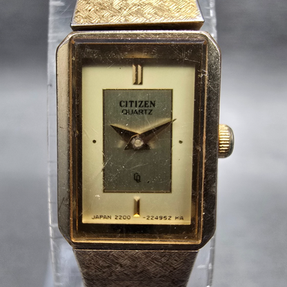 Citizen CQ Watch Women 13mm Gold Dial Gold Tone Rectangle 2200-222857 New Batt L1
