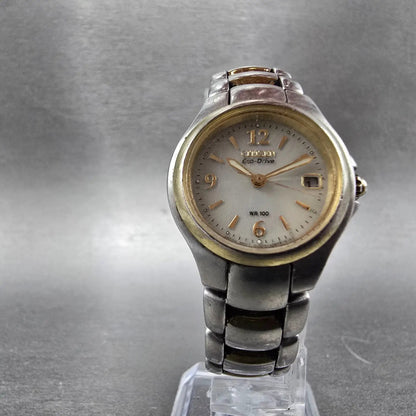 Citizen Eco-Drive Watch Women 25mm White Dial Two Tone Date E011-S039967 Works P5