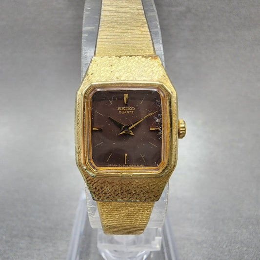 Seiko Watch Women 16mm Brown Dial Gold Tone Rectangle 2C20-5789 New Battery VTG