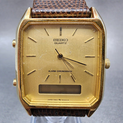 Seiko Analog Digital Watch Men 29mm Gold Dial Gold Tone Rectangle H601-5009 PART