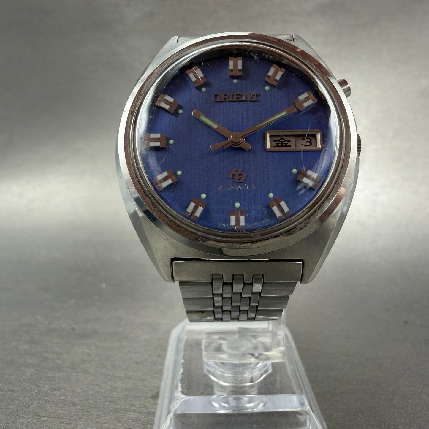 Orient Hi Ace Watch Men 38mm Blue Dial Steel Daydate Round Automatic Runs VTG5