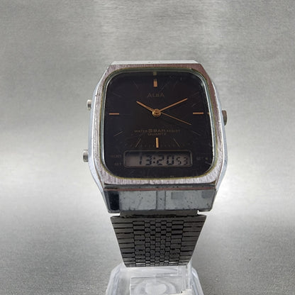 Seiko ALBA Analog Digital Watch Men 30mm Black Dial Silver Tone V0415120 NewBat5