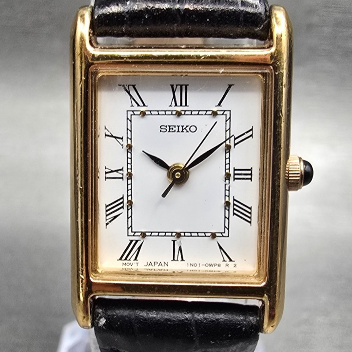 Seiko Tank Watch Women 18mm White Dial Gold Tone Rectangle 1N01-0LK0 New Batt JP1