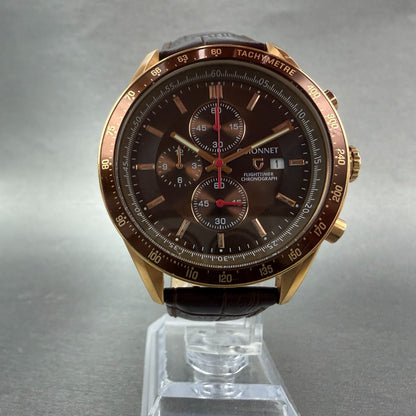 Guionnet Flighttimer Chronograph Watch Men 42mm Brown Dial Rose Gold Date NewBat5