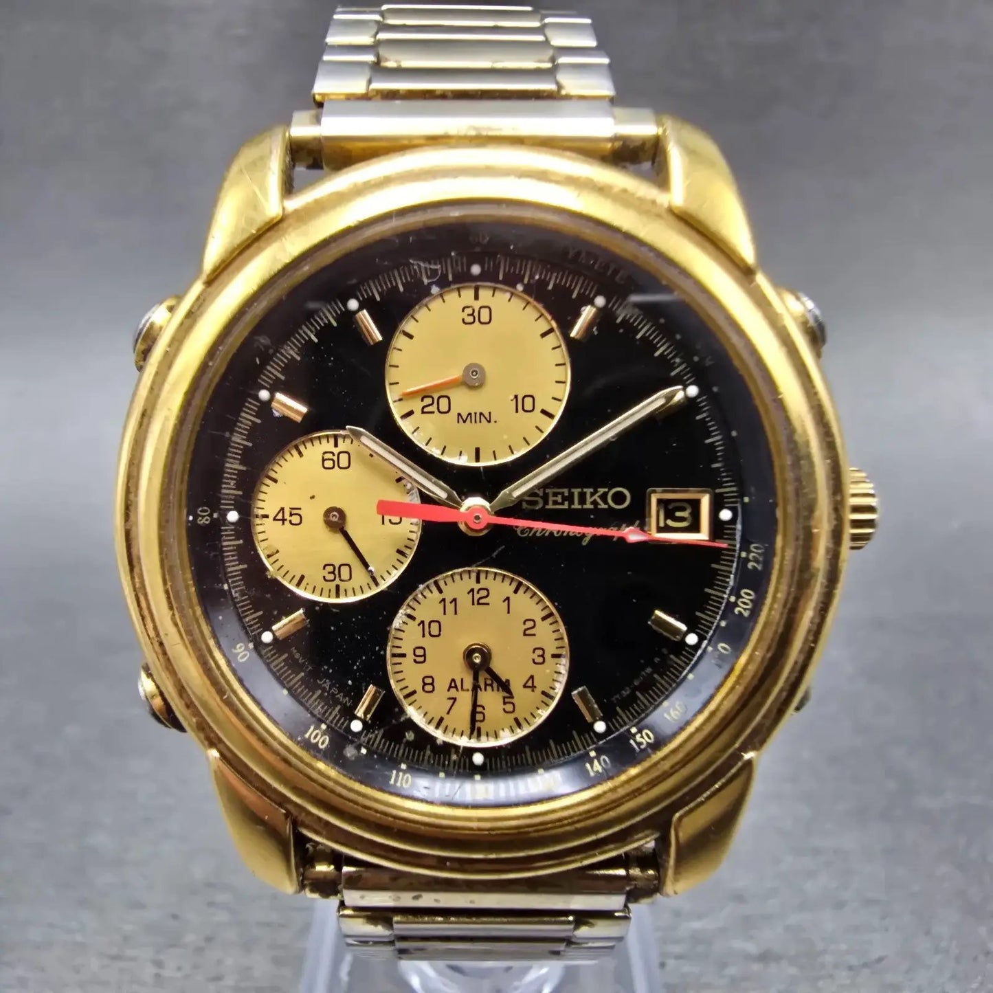 Seiko Chronograph Watch Men 38mm Black Dial Gold Tone Date 7T32-6G43 PARTS VTG0