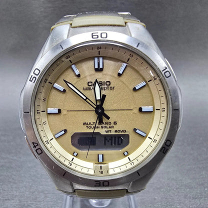 Casio Wave Ceptor Watch Men 43mm Champange Dial Silver Solar Alarm Daydate Runs0