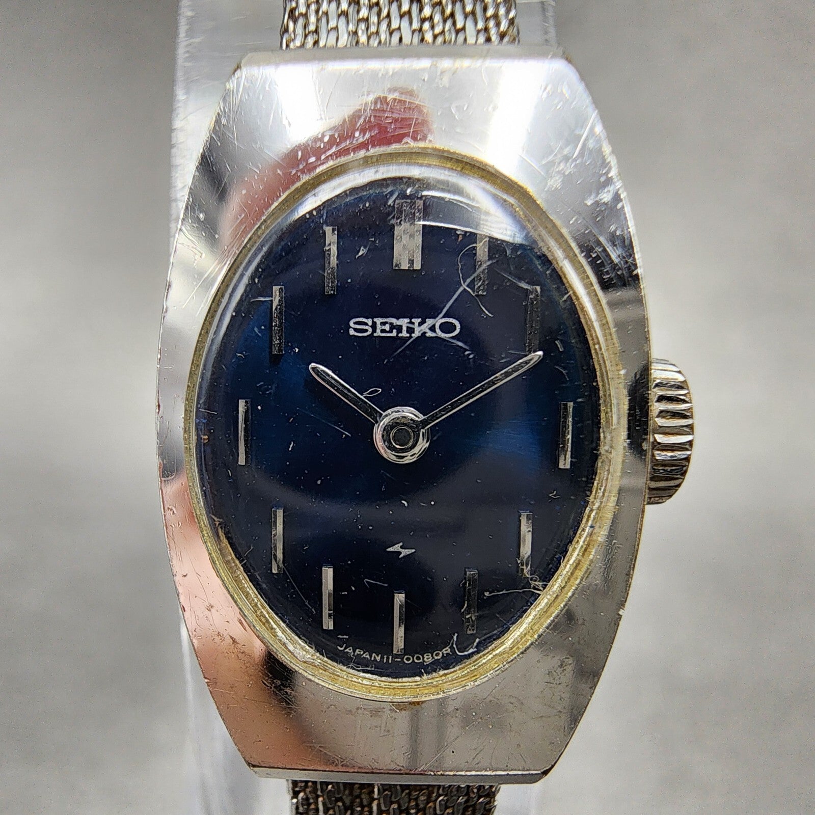 VTG Seiko Watch Women 15mm Blue Dial Silver Tone Manual Wind Rectangle 11 Runs1