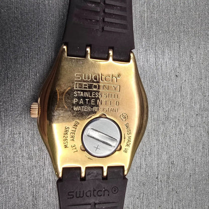 Swatch Irony BROWNEE Watch Men Gold Dial Gold Tone Daydate Round YLG701 New Batt10