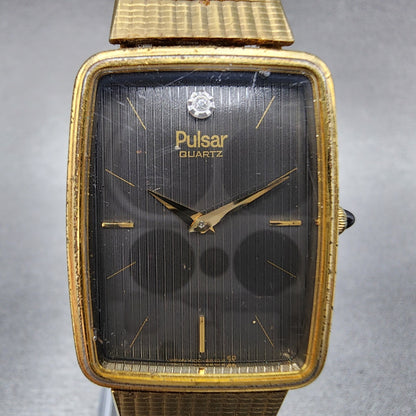 VTG Pulsar Tank Watch Men 24mm Black Dial Gold Tone Rectangle Y100-5689 PARTS
