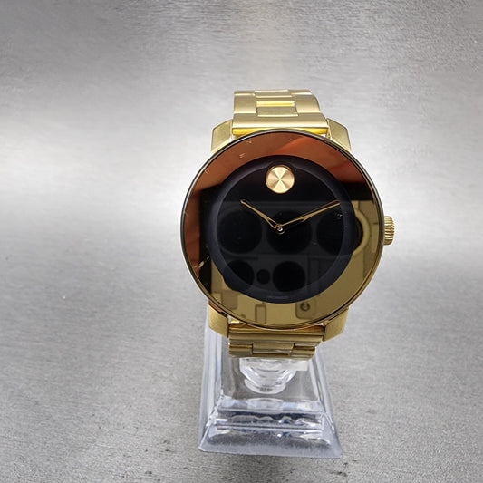 Movado Bold Watch Women 36mm Black Dial Gold Tone Round 3600397 READ New Batt0
