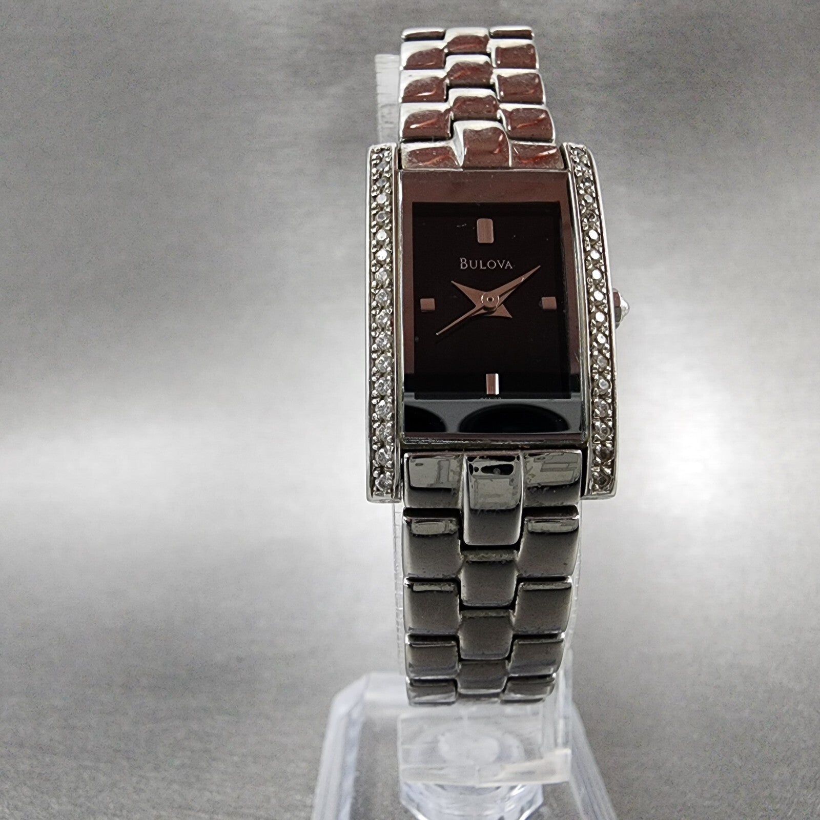 Bulova Tank Watch Women 18mm Black Dial Steel Crystals Rectangle New Battery5