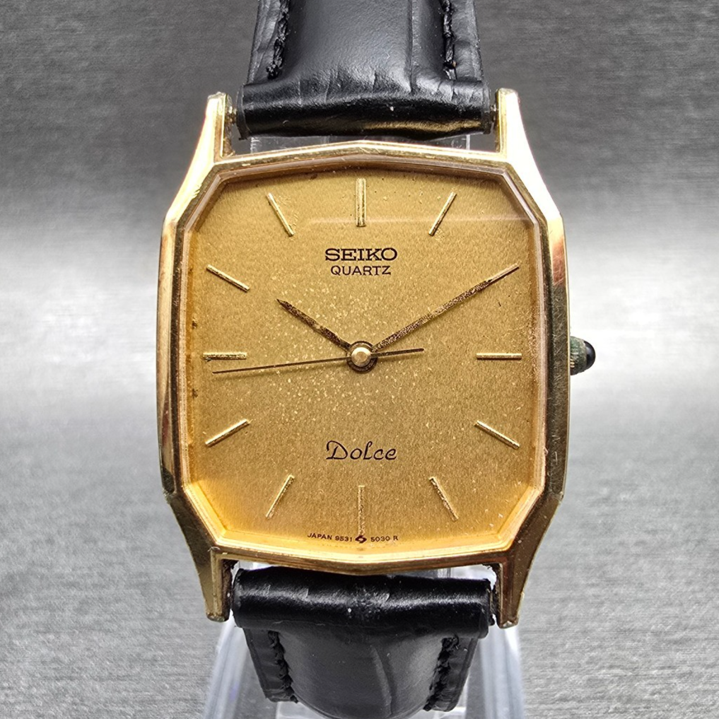 Seiko Dolce Watch Men 27mm Gold Dial Gold Tone Rectangle 5931-5030 New Battery0
