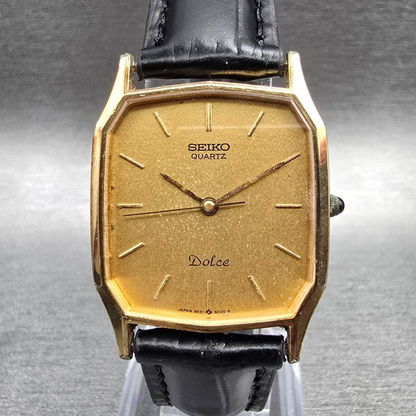 Seiko Dolce Watch Men 27mm Gold Dial Gold Tone Rectangle 5931-5030 New Battery0