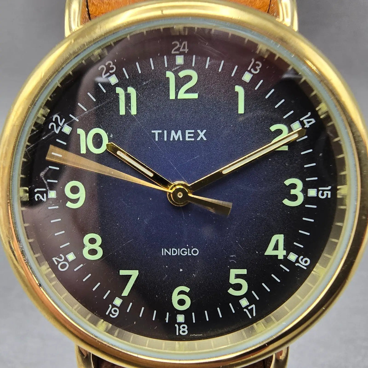 Timex Watch Men 40mm Blue Dial Gold Tone Leather TW2T20000 Indiglo New Battery1