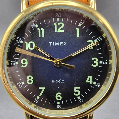 Timex Watch Men 40mm Blue Dial Gold Tone Leather TW2T20000 Indiglo New Battery1