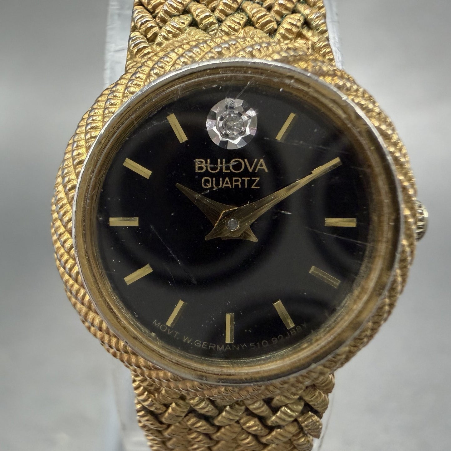 Bulova Watch Women 19mm Black Dial Gold Tone Round Mesh Band P7 New Battery VTG1