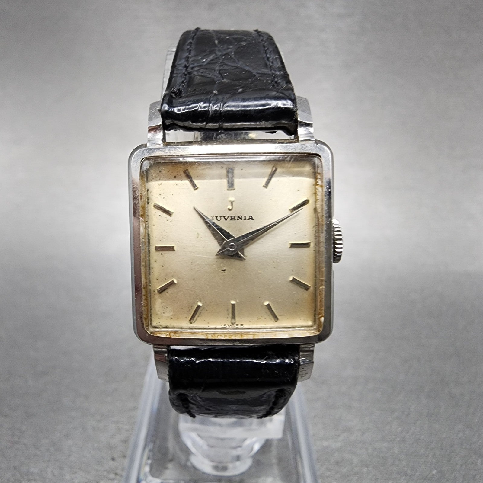 Juvenia Tank Watch Women 21mm Champagne Dial Silver Tone Rectangle Manual Wind0