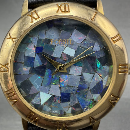 Fossil Watch Men 34mm Blue Mosaic Dial Gold Tone Round Leather band New Battery1