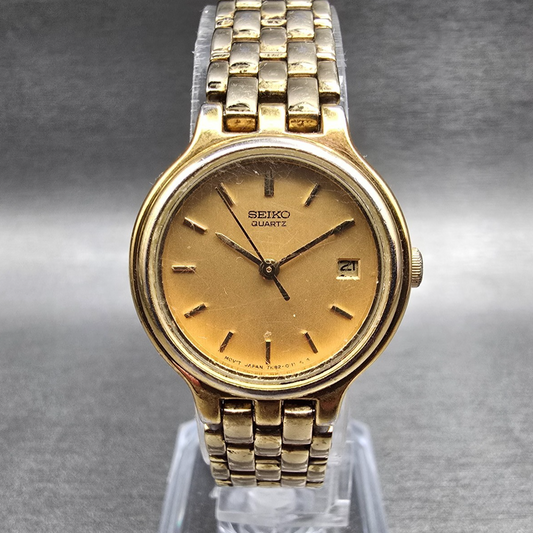 Seiko Watch Women 24mm Gold Dial Gold Tone Date Round 7N82-0071 New Battery0