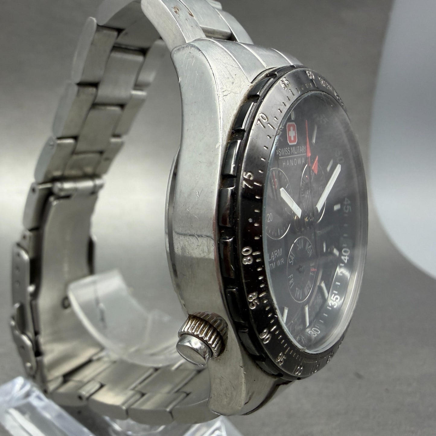 Swiss Military Chronograph Watch Men 40mm Black Dial Silver Alarm Daydate NewBat3