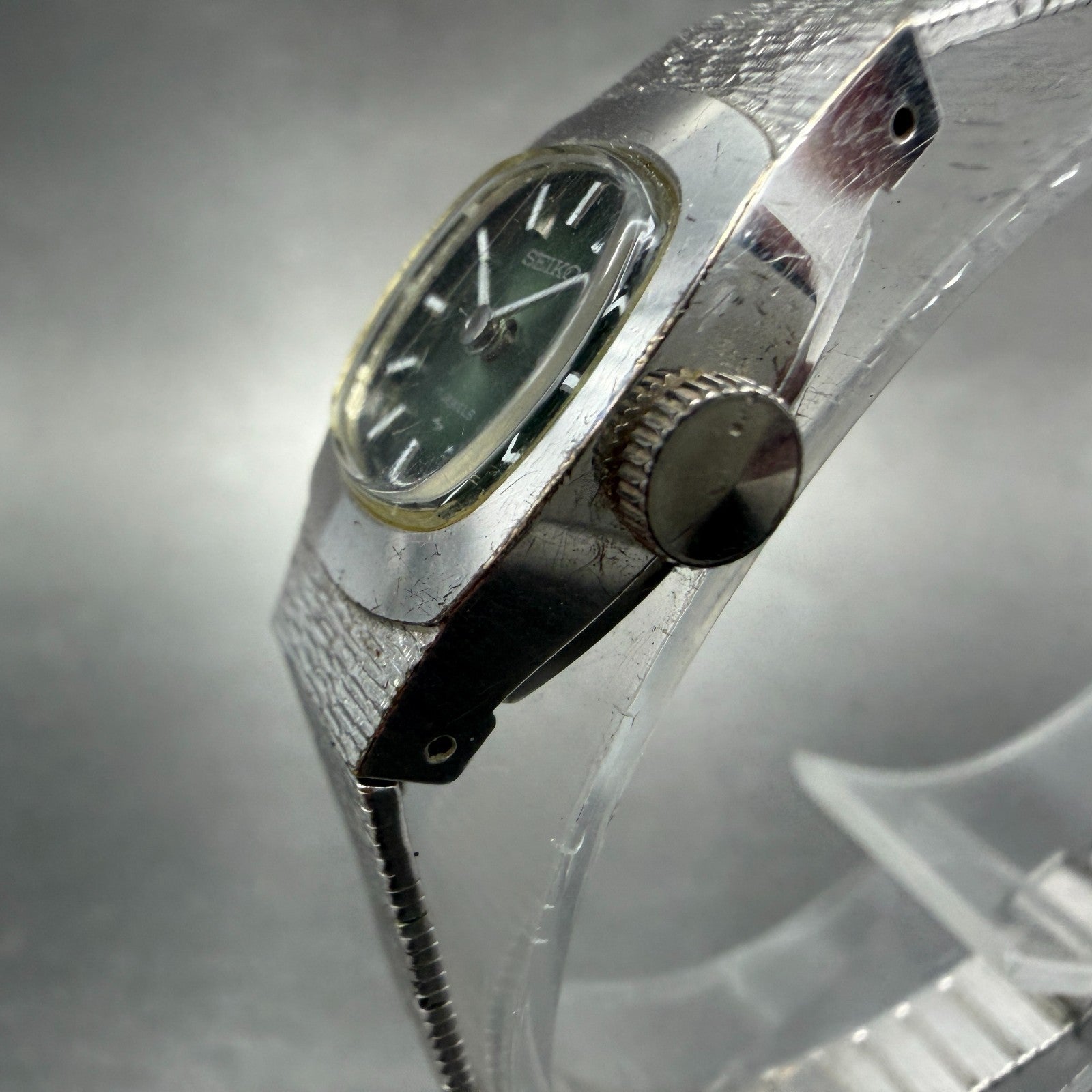 Seiko Watch Women 15mm Green Dial Silver Tone Manual Rectangle 11-3380 Runs2