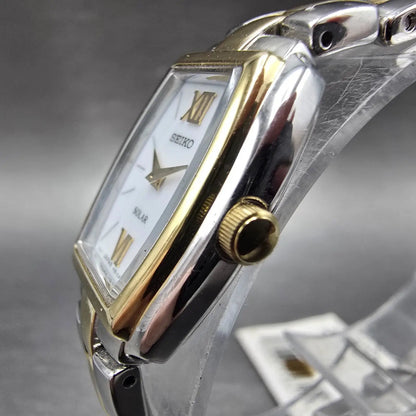 Seiko Solar Watch Women 18mm White Dial Two Tone Rectangle V115-0AA0 Works2