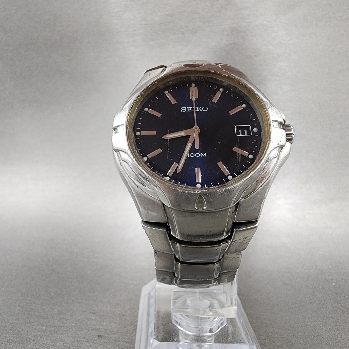 Seiko Watch Men 38mm Blue Dial Silver Tone Date Round 7N427C00 New Bat PARTS!!!6