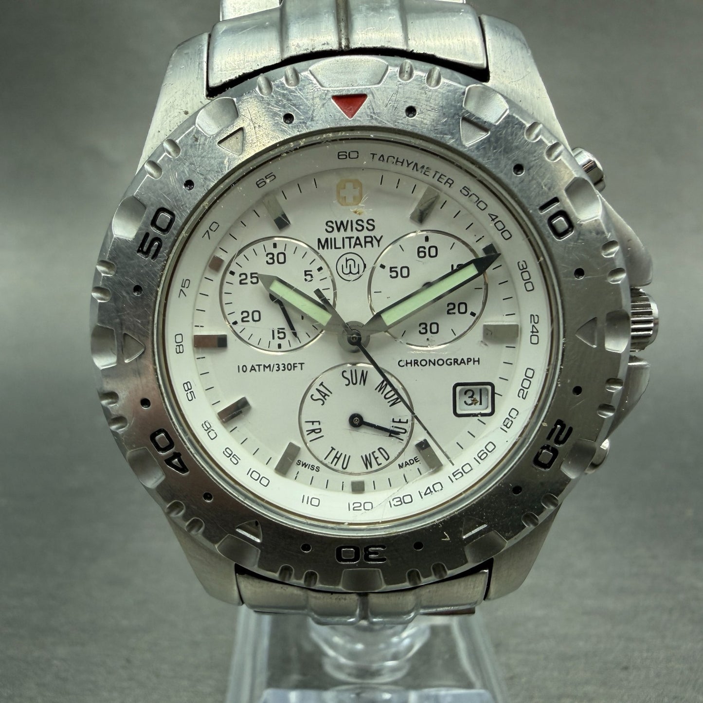 Swiss Military Chronograph Watch Men 40mm White Dial Steel Daydate 1587M PARTS0